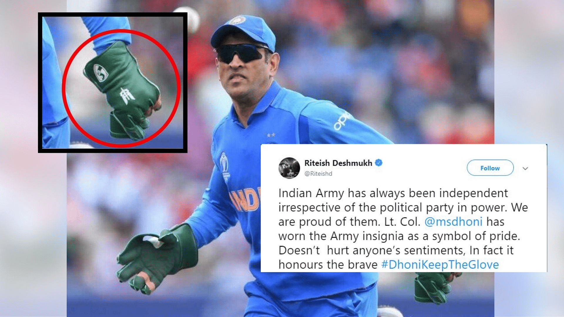  MS Dhoni Indian Army Gloves: MS Dhoni was spotted with regimental dagger insignia of the Indian Para Special Forces on his keeping gloves. 