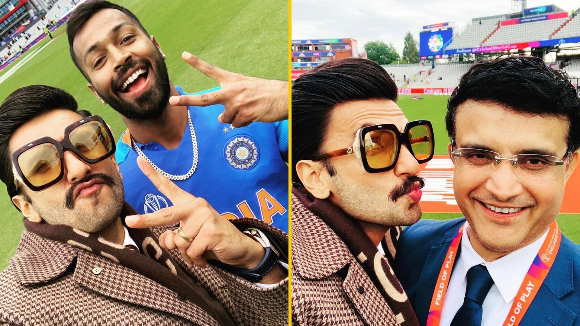 Ranveer Singh with Hardik Pandya and Saurav Ganguly at the 2019 ICC Cricket World Cup.