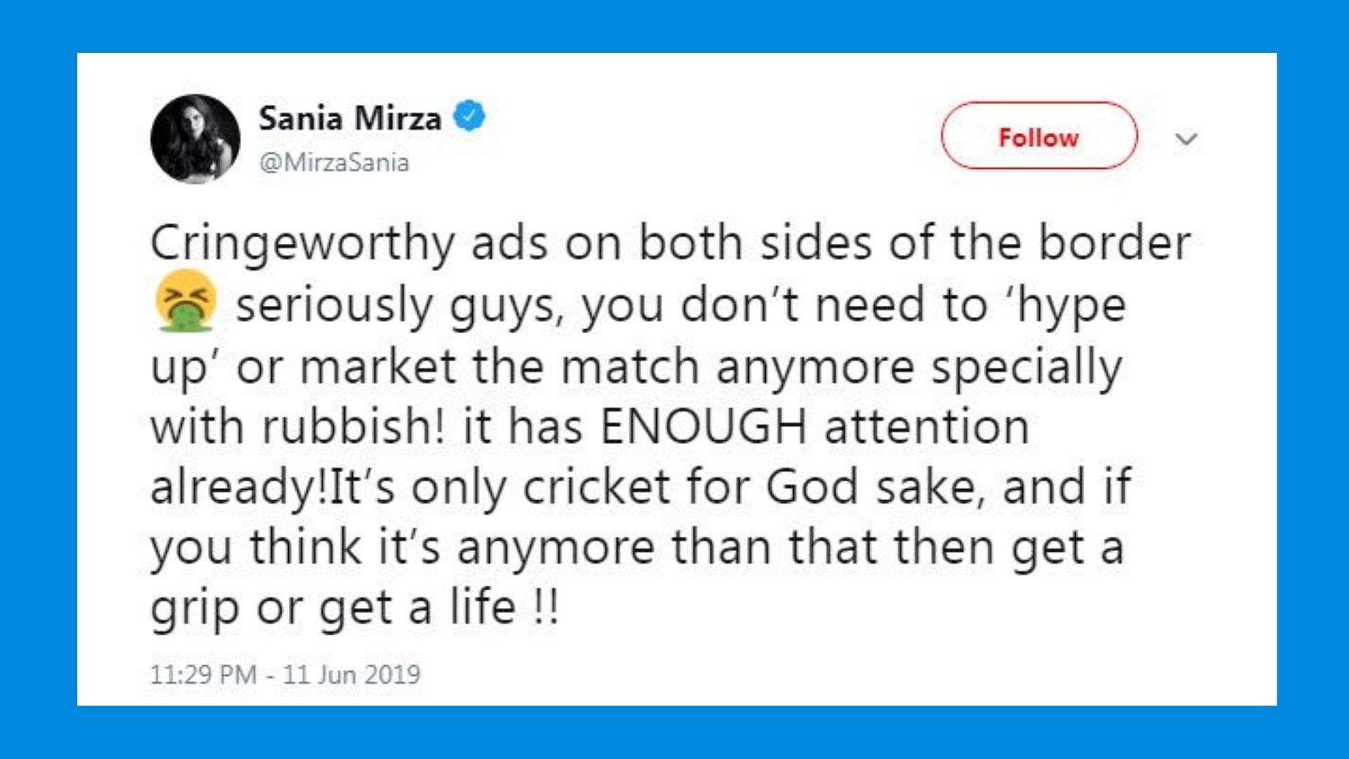 Ahead of the much awaited India-Pak match this Sunday, Sania Mirza calls out the cringe worthy advertisements