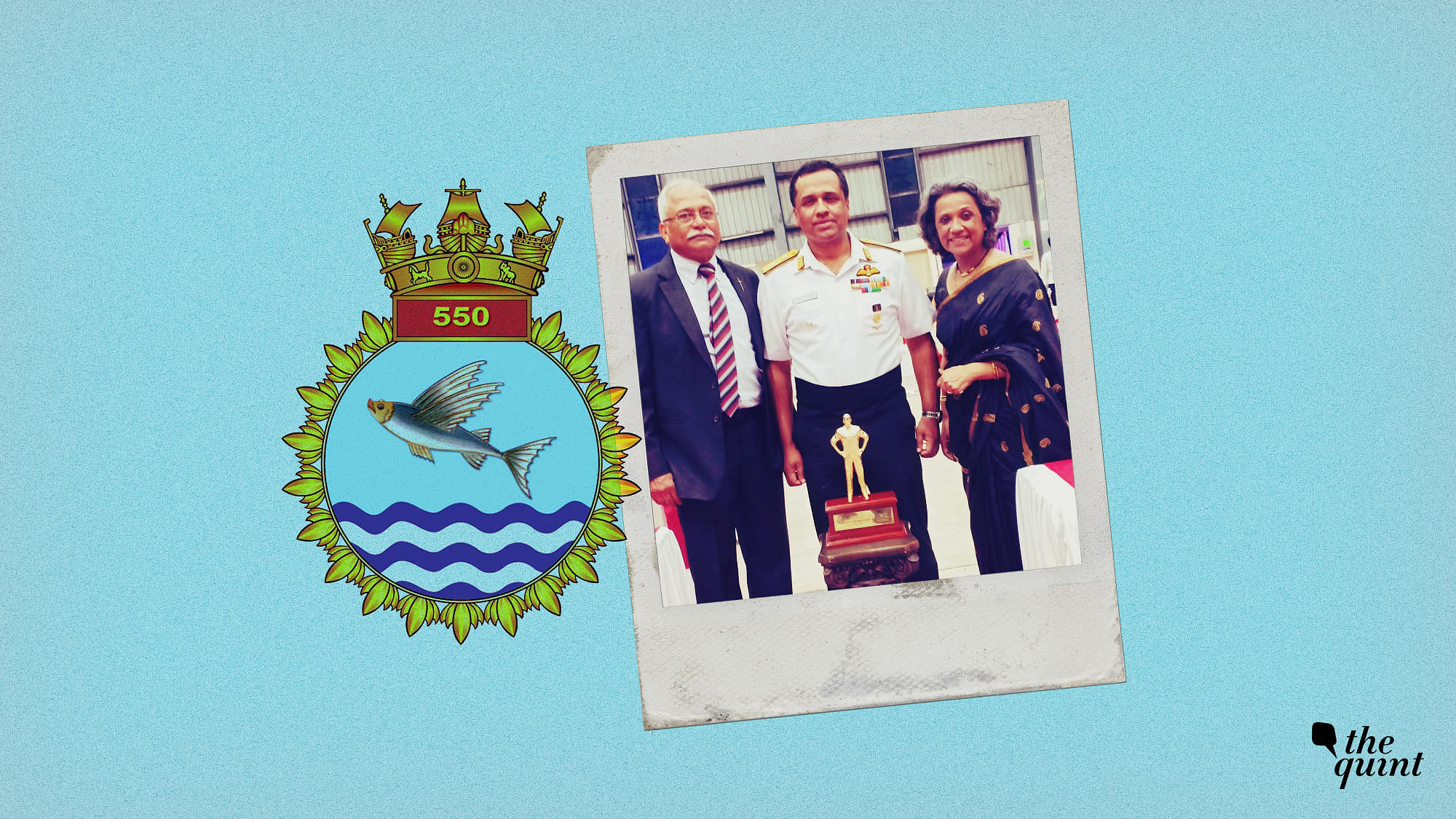 Image of INAS 550 insignia, and the picture of deceased pilot Lt Simon George Pynumootil’s family, along with the trophy instituted in his name.