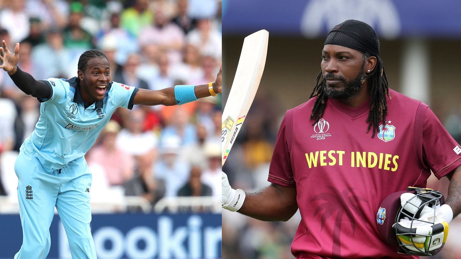 England’s Jofra Archer and West Indies’ Chris Gayle.