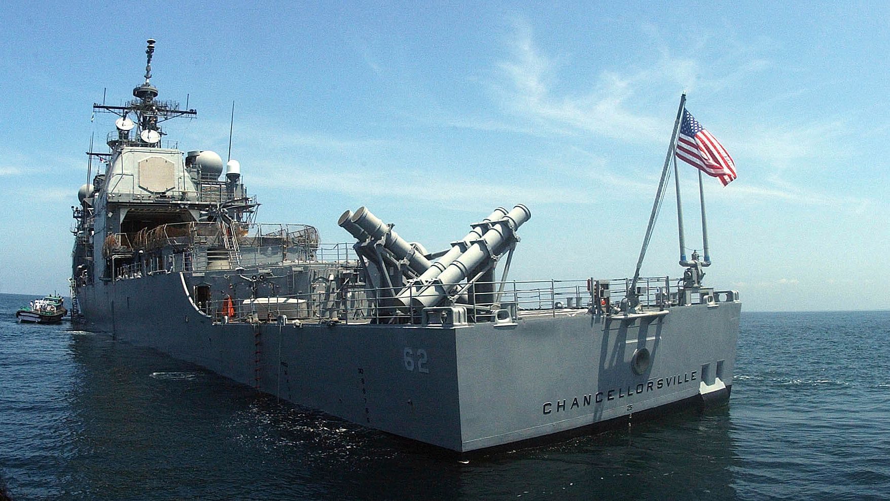 In this September 2002 file photo, the US guided missile cruiser USS Chancellorsville lies at anchor in India’s southern port of Cochin. The US and Russian militaries accused each other of unsafe actions on 7 June  2019,