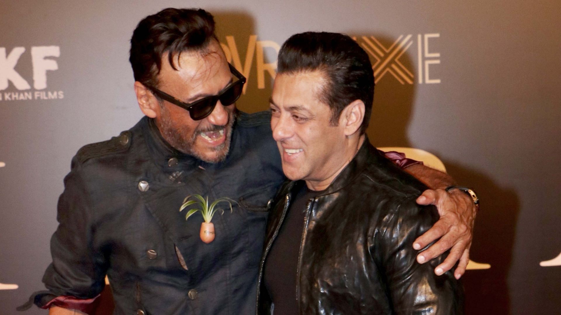 Jackie Shroff and Salman Khan share a laugh at the screening of <i>Bharat</i>.