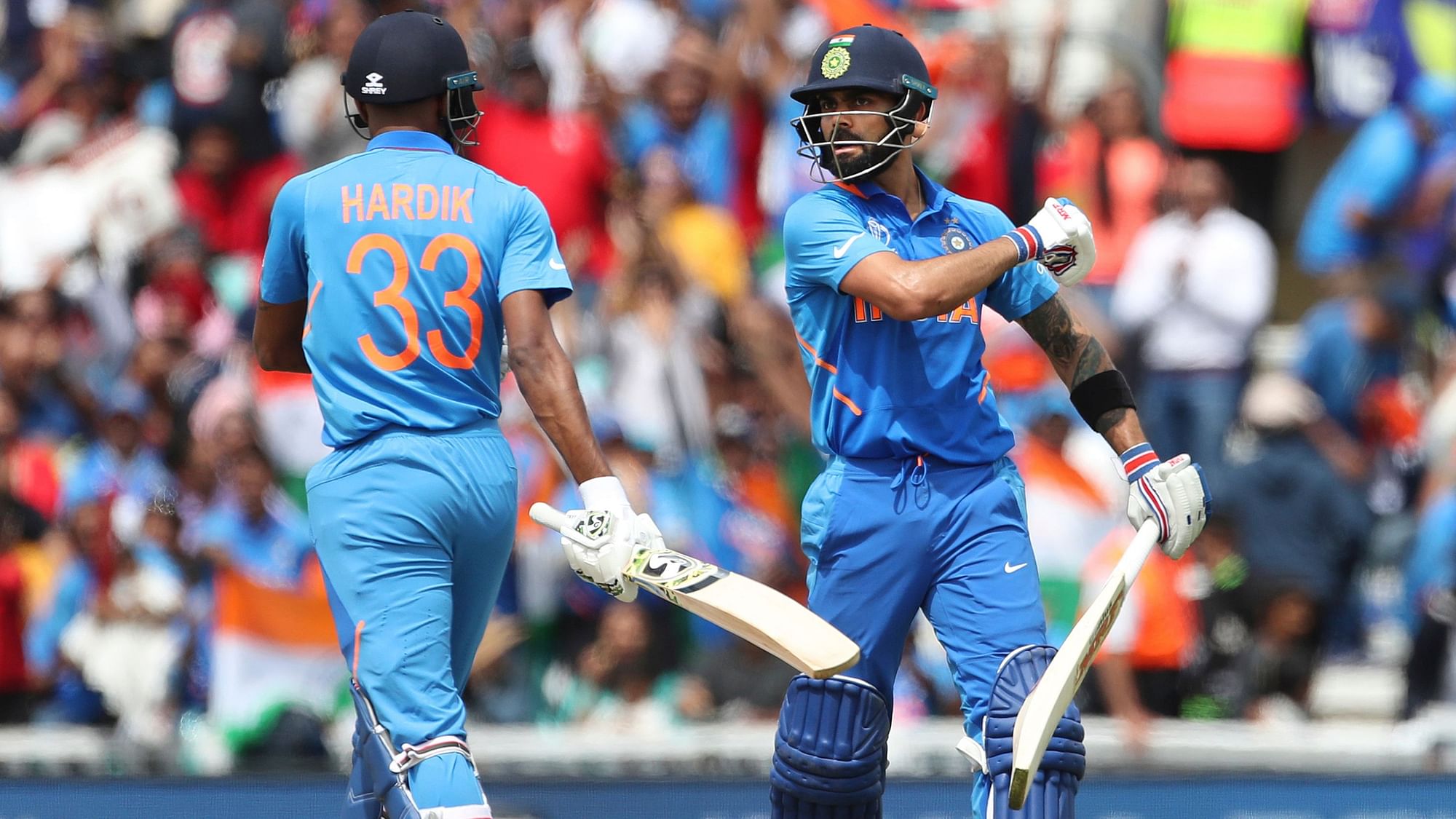 India’s captain Virat Kohli and Hardik Pandya during their World Cup match against Australia at The Oval in London on Sunday, 9 June.