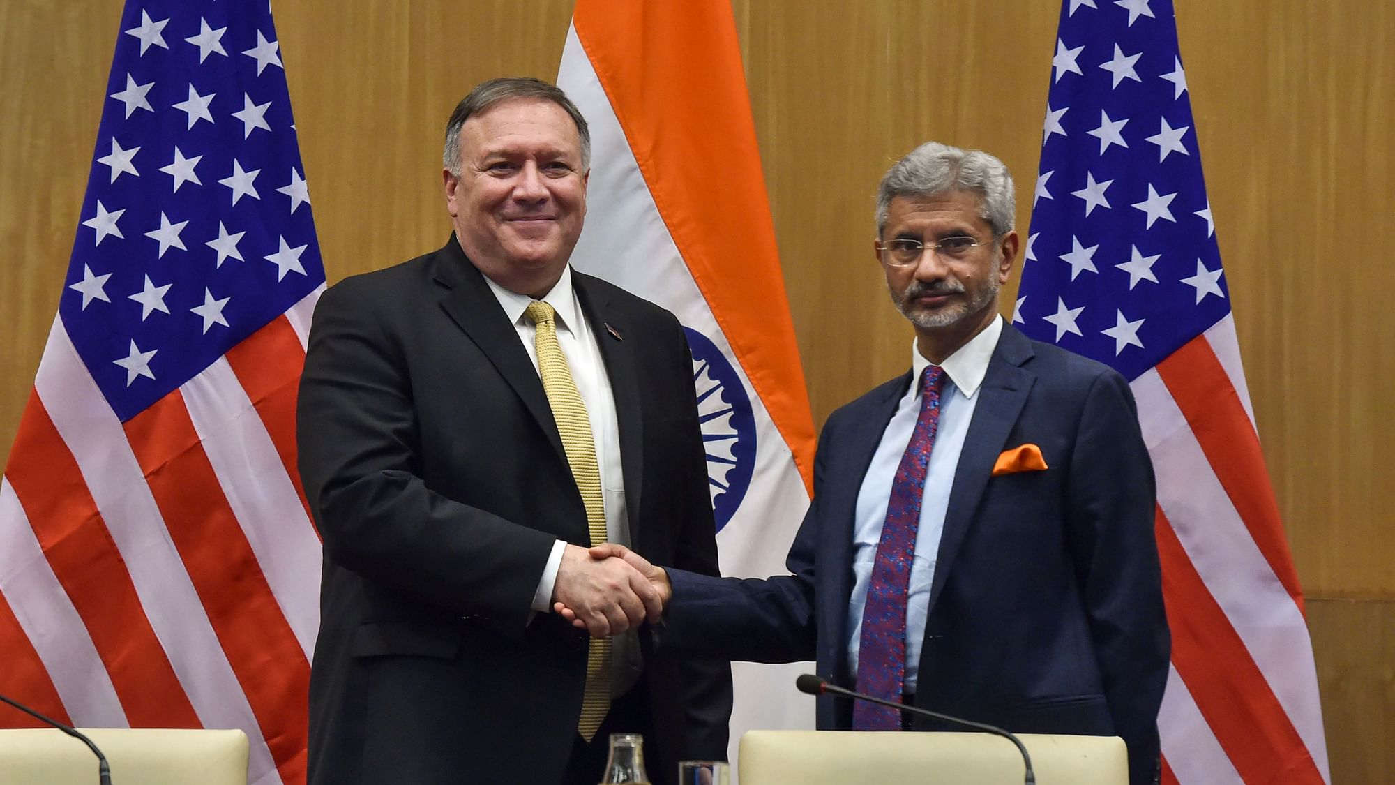 External Affairs Minister S Jaishankar with US Secretary of State Mike Pompeo during a press conference to release their joint statement, in New Delhi.