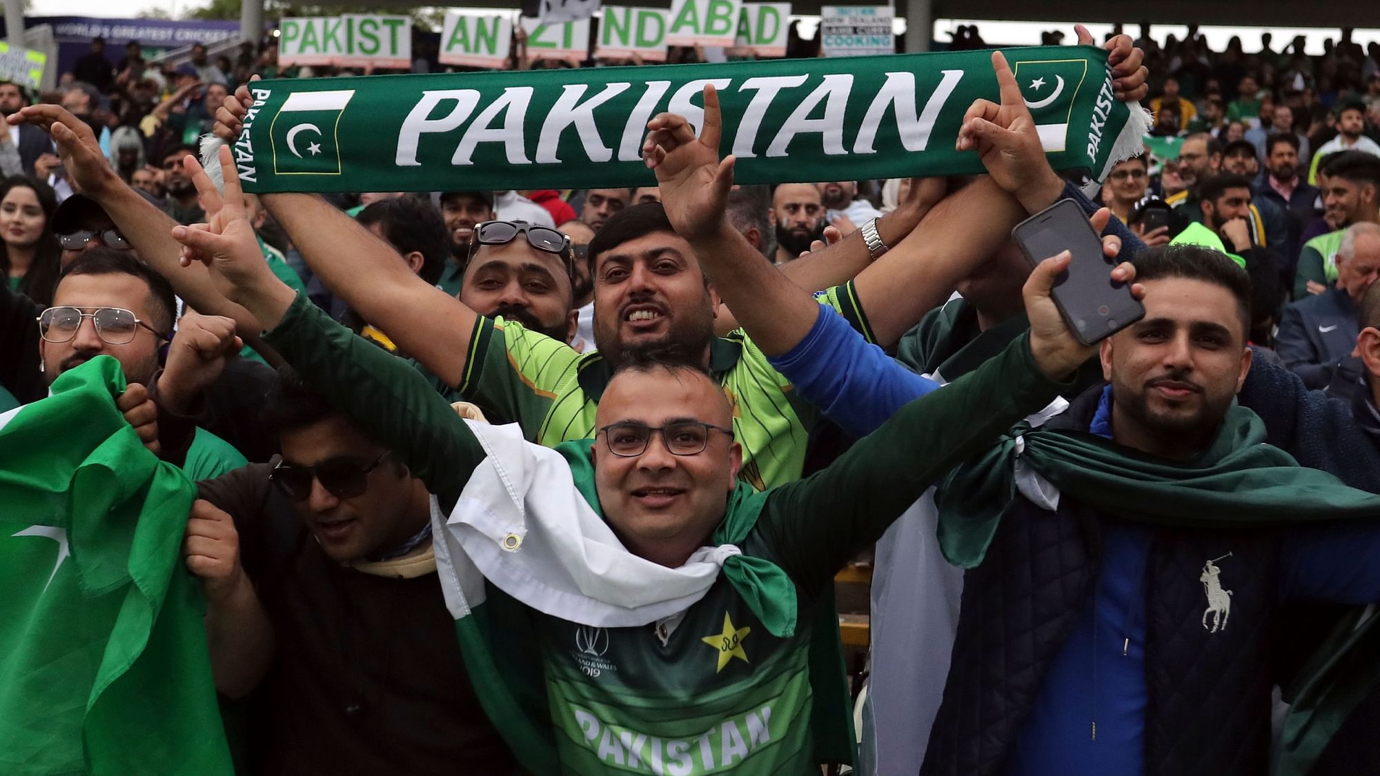 Pakistan fans before the start of the Cricket World Cup match between New Zealand and Pakistan at the Edgbaston Stadium in Birmingham.