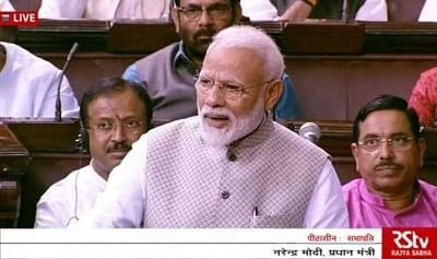 New Delhi: Prime Minister Narendra Modi addresses in Rajya Sabha in Parliament, New Delhi on June 26, 2019. (Photo: IANS/RSTV)
