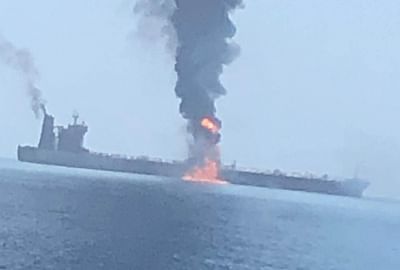 Doha: Two oil tankers were hit in a suspected attack in the Gulf of Oman and all crew members onborad were evacuated, on June 13, 2019. The tankers were struck in the same area where the US accused Iran of using naval mines to sabotage four other oil ships in an attack last month. (Photo: IANS)
