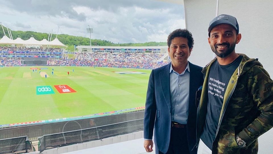 Sachin Tendulkar and Ajinkya Rahane support the Indian team from the stands during their World Cup opener vs South Africa.&nbsp;