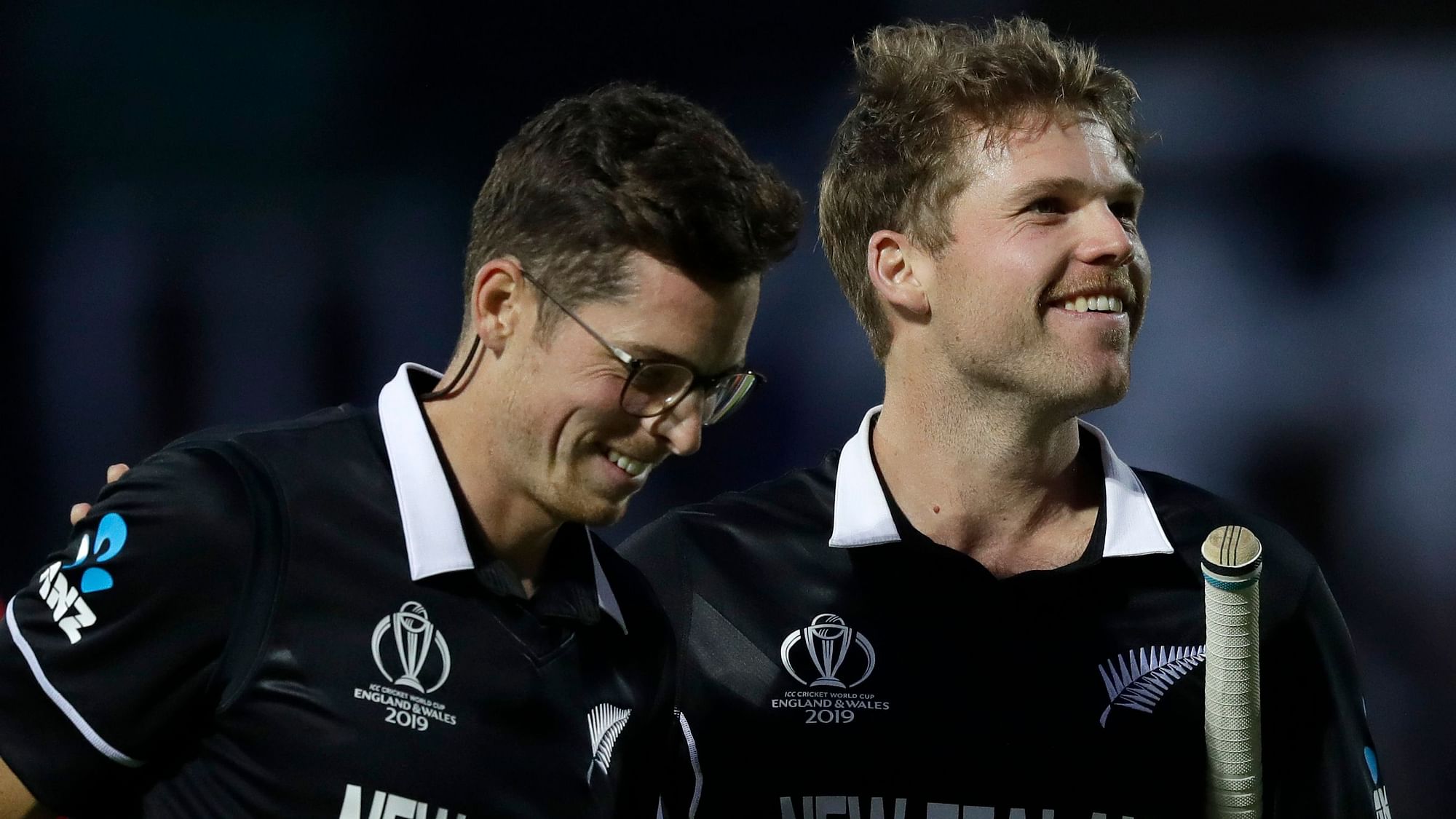 New Zealand’s Mitchell Santner and  Lockie Ferguson celebrate as they beat Bangladesh by 2 wickets in the World Cup cricket match between Bangladesh and New Zealand at The Oval in London, Wednesday, June 5, 2019.&nbsp;