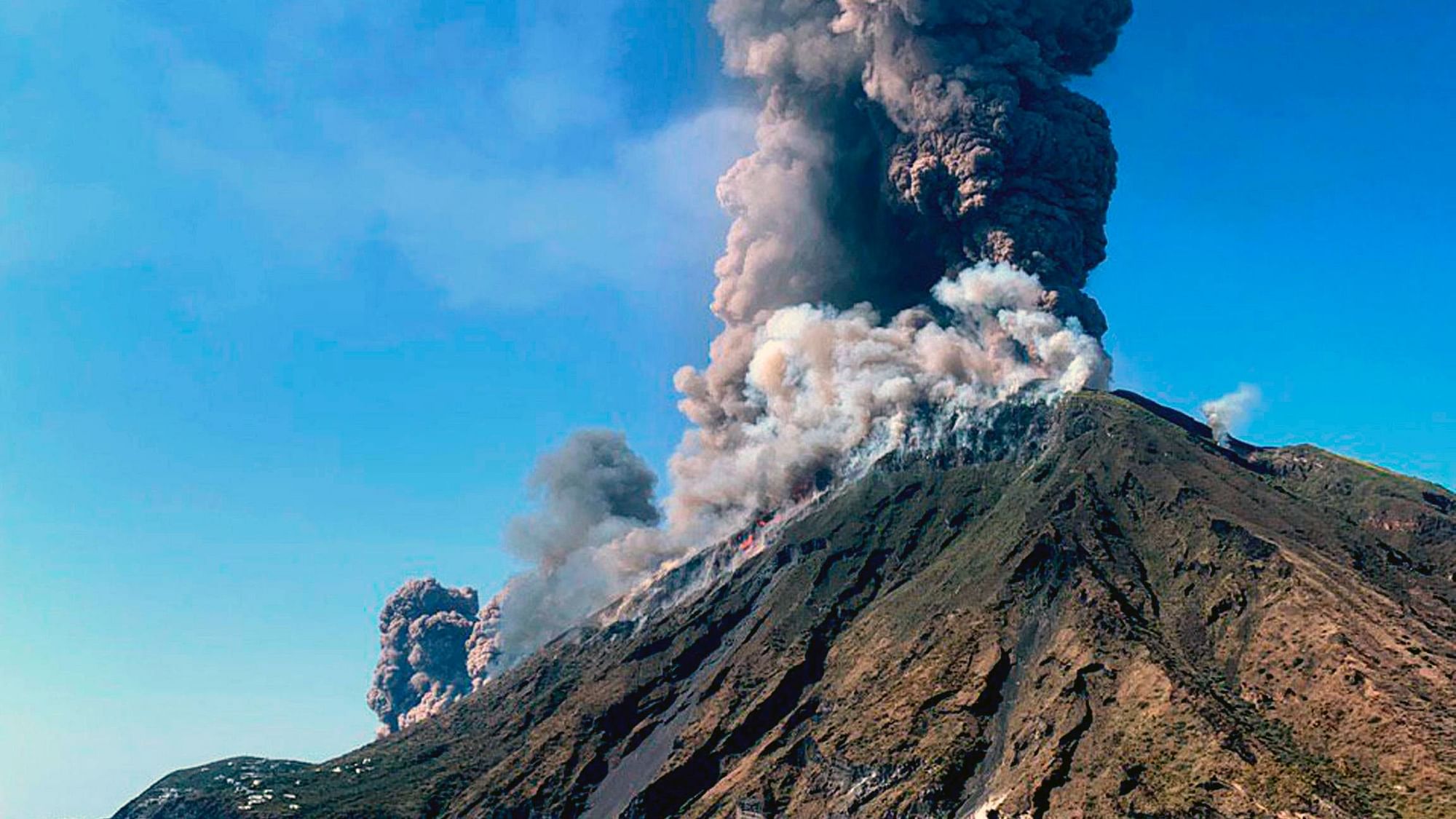 Smoke billows from the volcano on the Italian island of Stromboli, Wednesday, 3 July 2019.