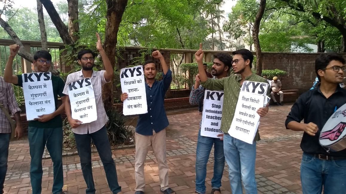Protests by the Krantikari Yuva Sangathan (KYS) outside Delhi University against ABVP’S alleged interference in the re-structuring of syllabus.