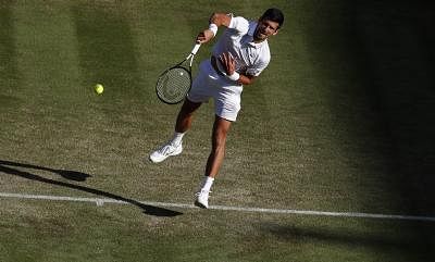 LONDON, July 4, 2019 (Xinhua) -- Novak Djokovic of Serbia competes during the men