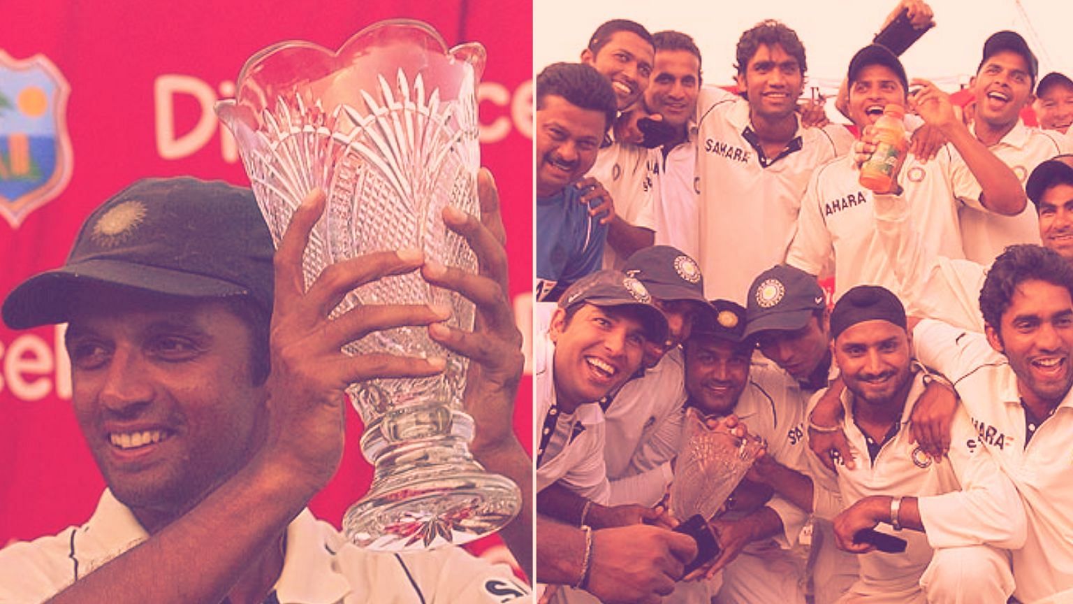 Rahul Dravid after winning a Test Series in West Indies after 35 years in 2006 (left) and the Indian team celebrating the victory