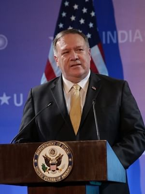 New Delhi: US Secretary of State Mike Pompeo addresses at the Embassy of the United States of America in New Delhi on June 26, 2019. (Photo: Amlan Paliwal/IANS)