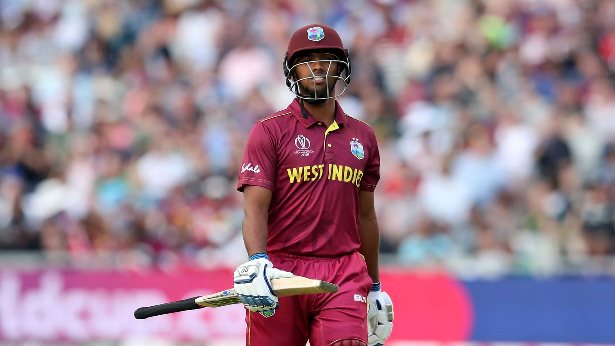 West Indies’ Nicholas Pooran leaves the field after being dismissed during the Cricket World Cup match between West Indies and Sri Lanka in Riverside Ground,Chester-le-Street.&nbsp;