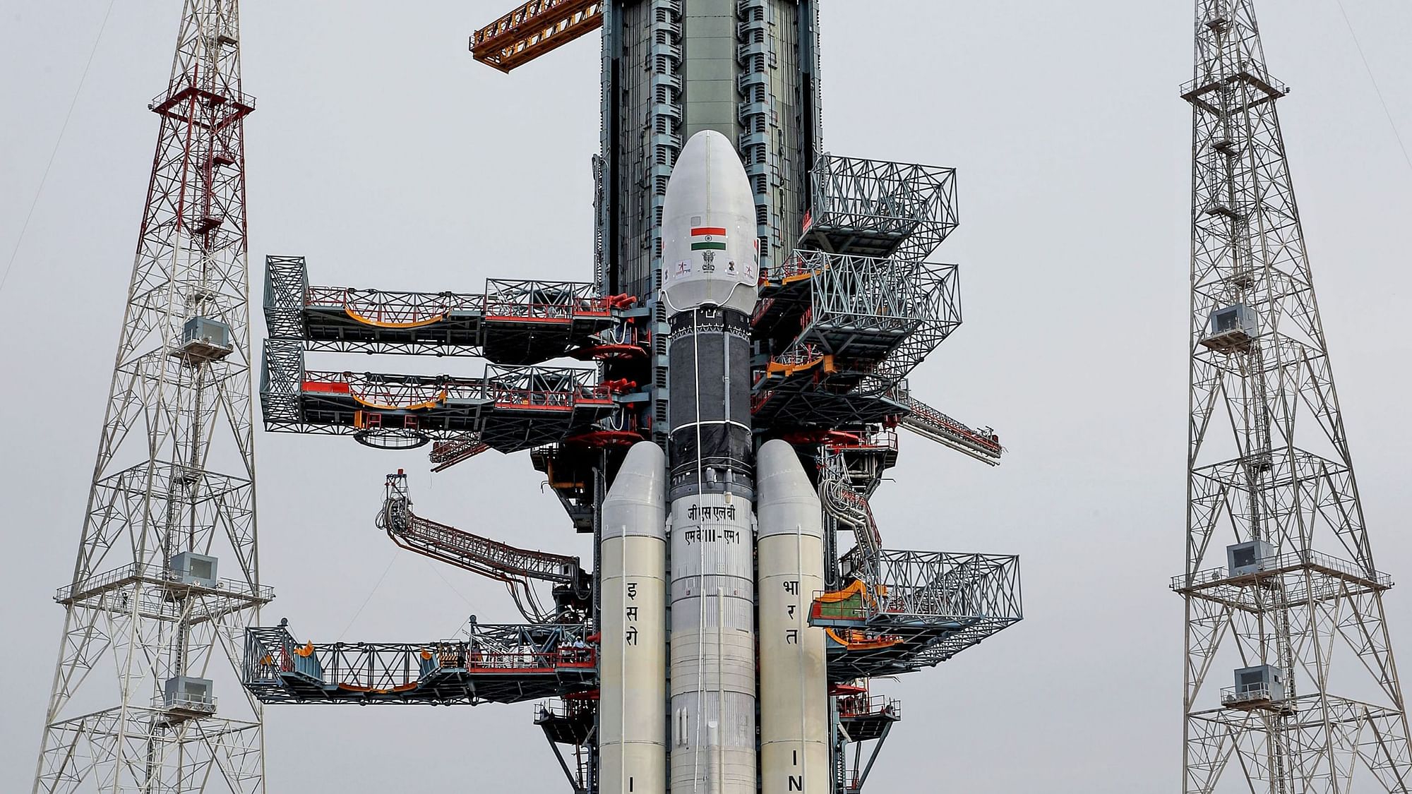 ISRO’s GSLV Mk-III launch vehicle rests at the Satish Dhawan Space Centre in Sriharikota. The GSLV Mk III will carry Chandrayaan 2, India’s second moon mission.