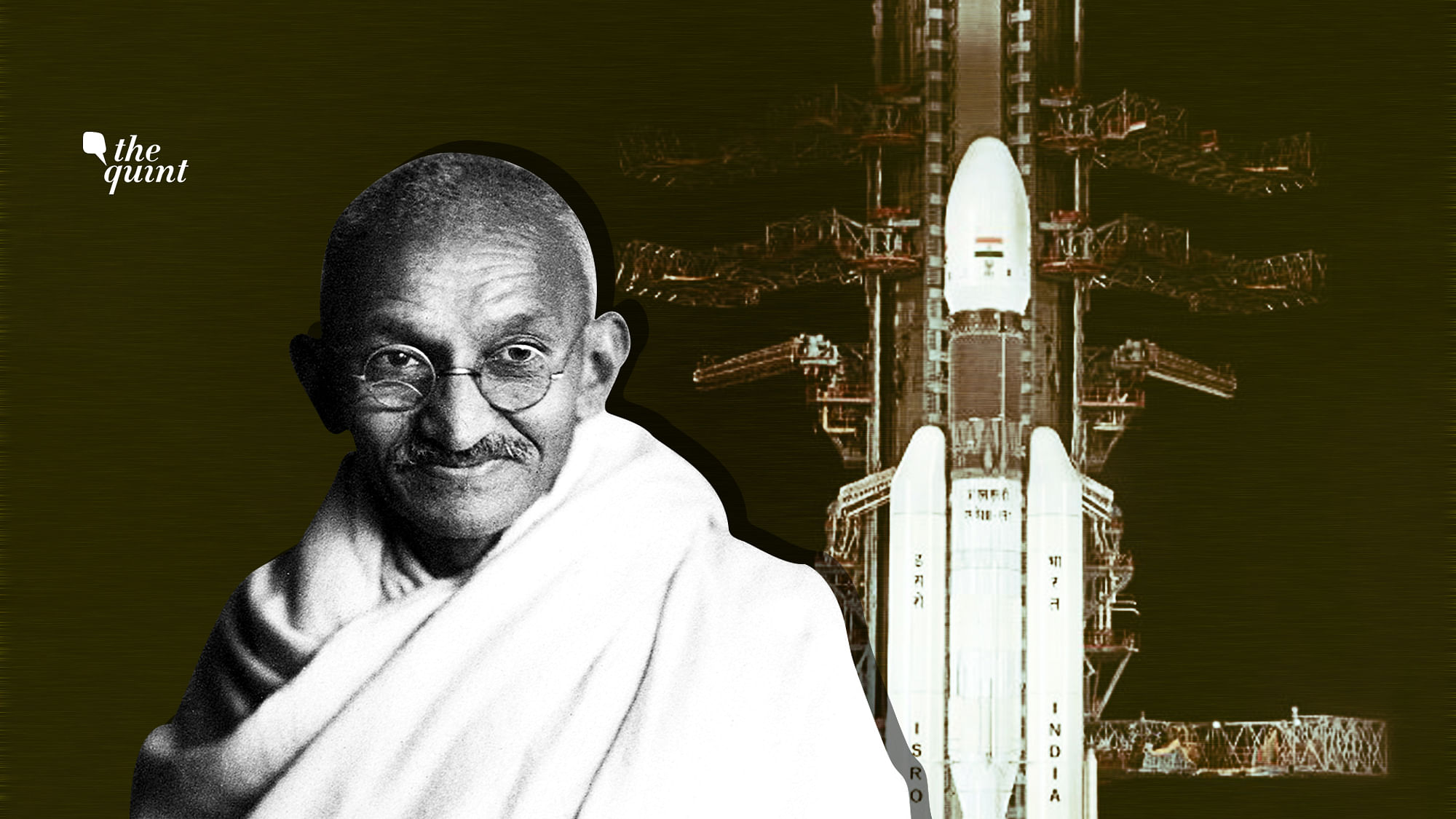 Image of Gandhi juxtaposed against image released by ISRO before Chandrayaan-2’s launch, used for representational purposes.
