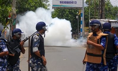 North 24 Parganas: Rapid Action Force (RAF) personnel during a bomb attack by miscreants in West Bengal