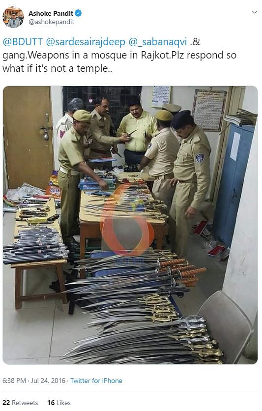 The false claim of weapons having been recovered from a mosque in Gujarat were made in 2016 as well.
