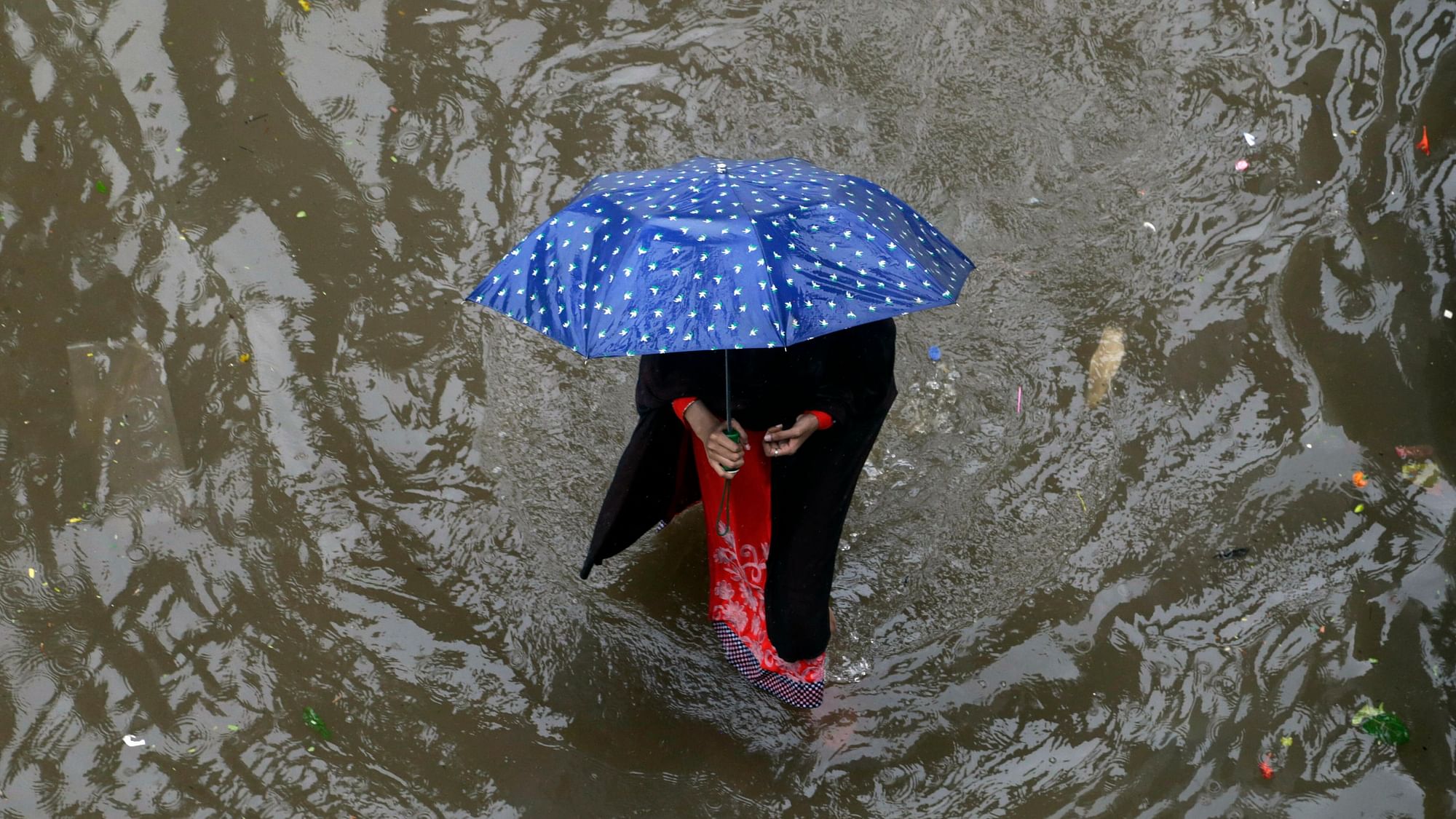 A woman holding an umbrella wades through a waterlogged street following heavy rains in Mumbai, India, Tuesday, July 2, 2019. Image used for representation.