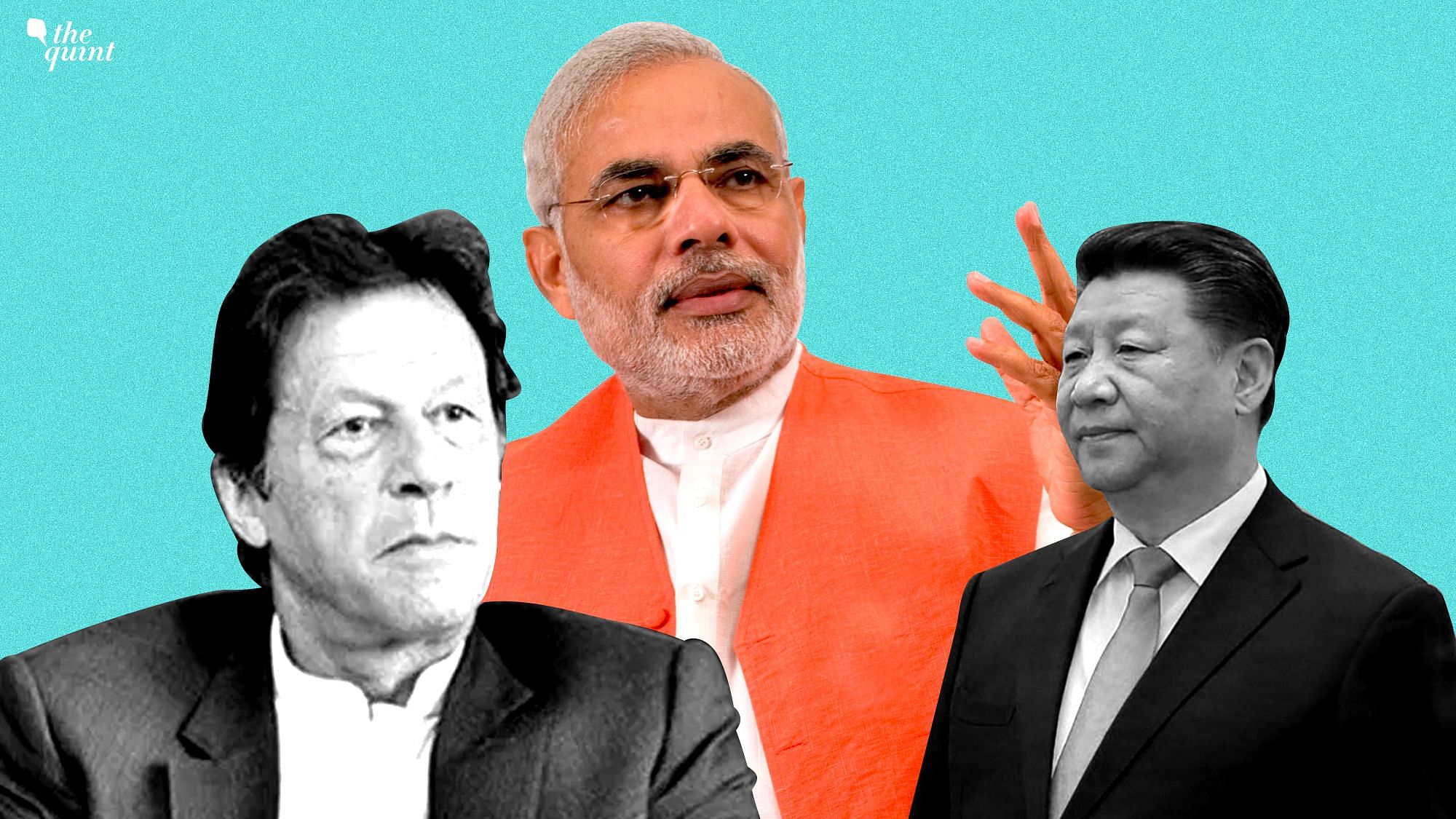 PM Narendra Modi (centre), Imran Khan (left) and Xi Jinping (right).