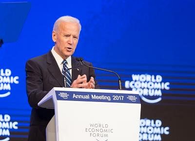 DAVOS, Jan. 18, 2017 (Xinhua) -- U.S. Vice President Joe Biden speaks at the 47th Annual Meeting of the World Economic Forum (WEF) in Davos, Switzerland, on Jan. 18, 2017.(Xinhua/Xu Jinquan/IANS)(gl)