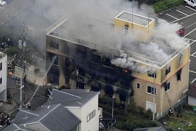 Tokyo: Firefighters extinguish a fire at an animation studio in Kyoto, Japan, July 18, 2019. A fire at an animation studio in the city of Kyoto, western Japan, has left several people dead and injured more than 30, some of them seriously, local media reported Thursday. (Kyodo News via Xinhua/IANS)