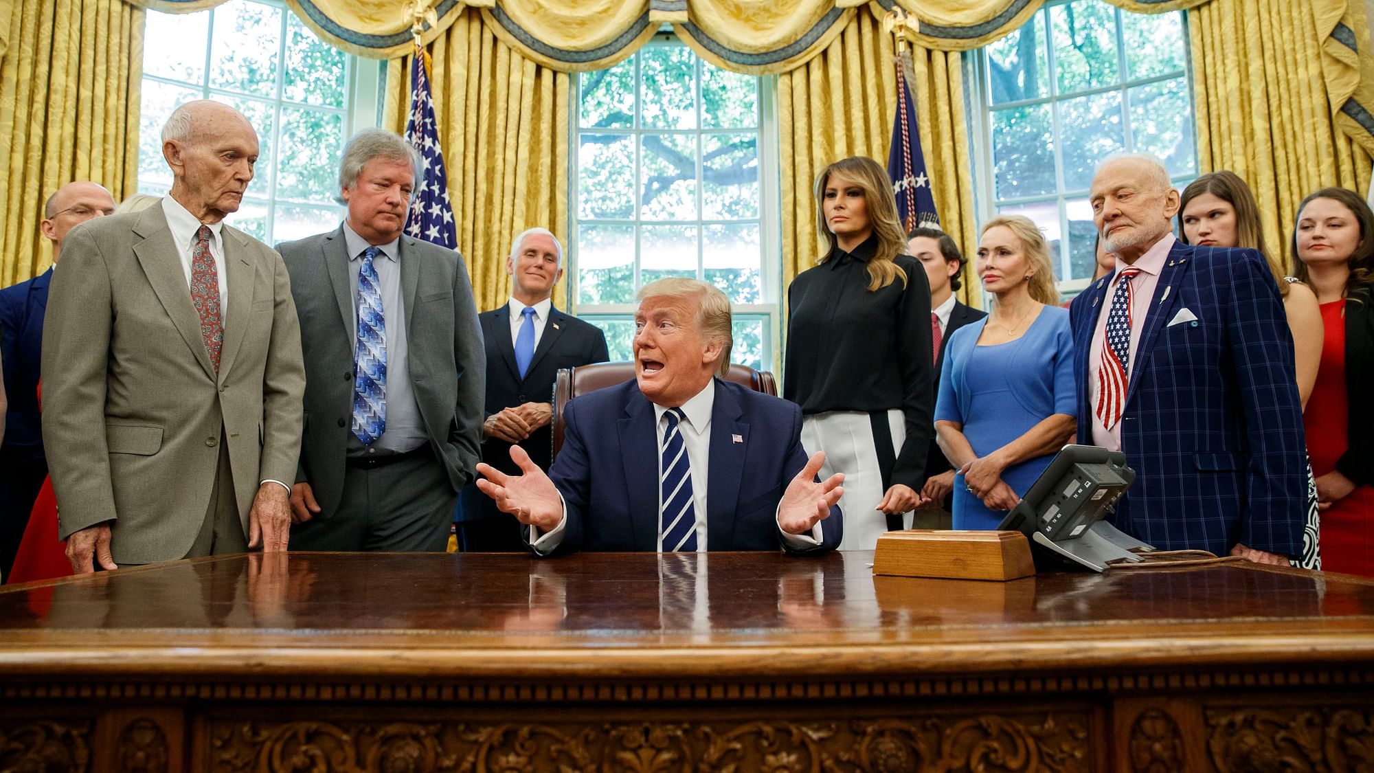 Donald Trump with Apollo 11 astronauts, Michael Collins (L) and ‘Buzz’ Aldrin (R) and Eric Armstrong, son of Neil Armstrong, second from left.&nbsp;
