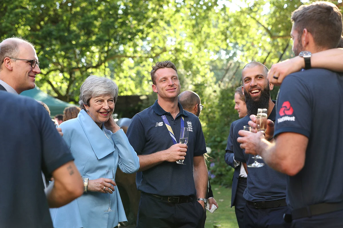 Britain’s Prime Minister Theresa May during a reception with members of the England cricket team at 10 Downing Street in London.