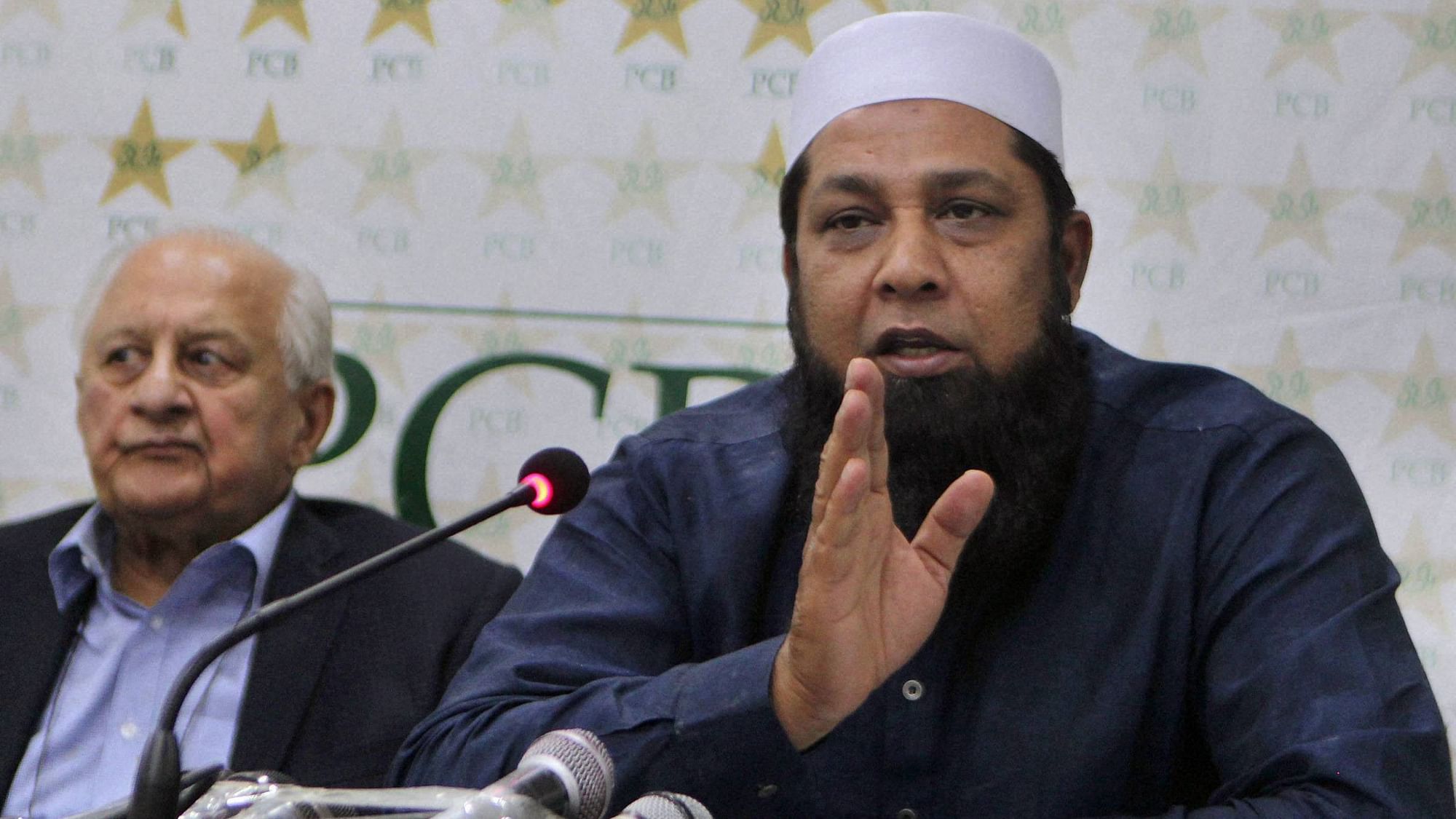 Inzamam-ul-Haq at a press conference with Pakistan Cricket Board’s Chairman Shaharyar Khan, in Lahore.&nbsp;