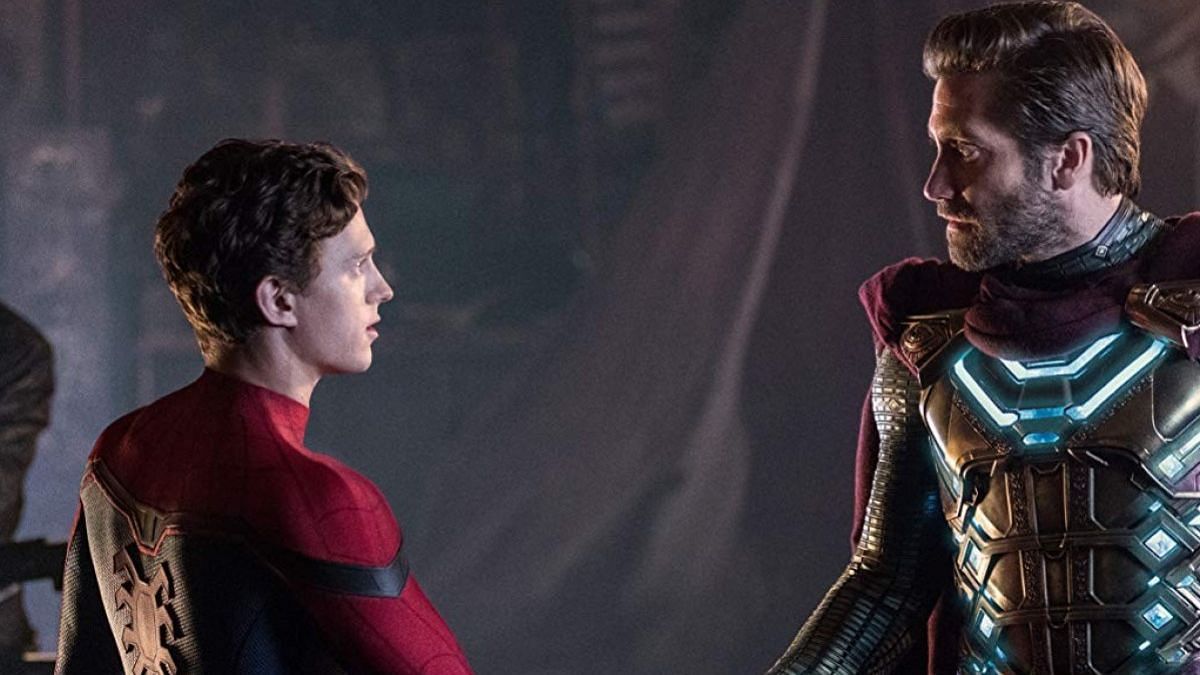 Tom Holland and Jake Gyllenhall in a still from <i>Spider Man: Far From Home</i>.