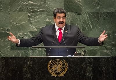UNITED NATIONS, Sept. 27, 2018 (Xinhua) -- Venezuelan President Nicolas Maduro addresses the General Debate of the 73rd session of the United Nations General Assembly at the UN headquarters in New York, on Sept. 26, 2018. (Xinhua/Wang Ying/IANS)