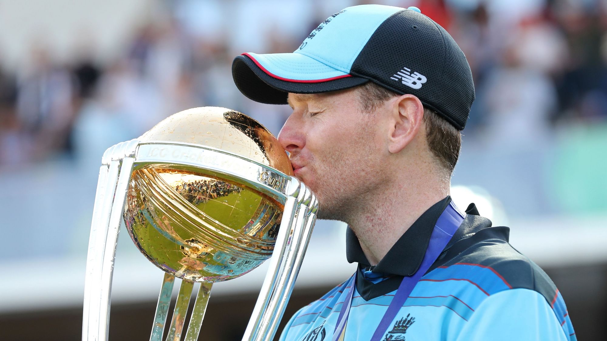 England skipper Eoin Morgan with the World Cup Trophy after beating New Zealand in the final at Lord’s on Sunday.
