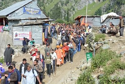 Pahalgam: Devotees begin their pilgrimage to the Amarnath Yatra at Pahalgam in Anantnag district of Jammu and Kashmir on July 2, 2015. (Photo: IANS)
