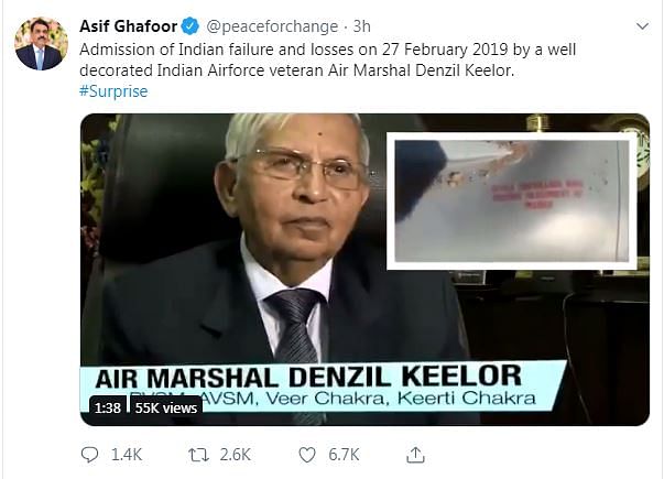 Asif Ghafoor posted a video of retired Air Marshal Denzil Keelor claiming he admitted to Balakot failure.