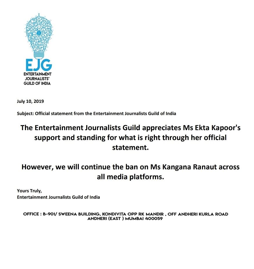 Here’s Balaji Telefilms official statement on the Kangana Ranaut verbal spat with an entertainment journalist.