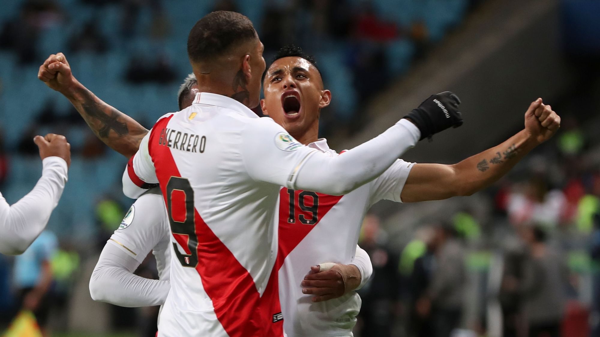 Peru’s Victor Yotun, right, celebrates scoring his side’s second goal with teammate Paolo Guerrero during a Copa America semifinal soccer match against Chile.