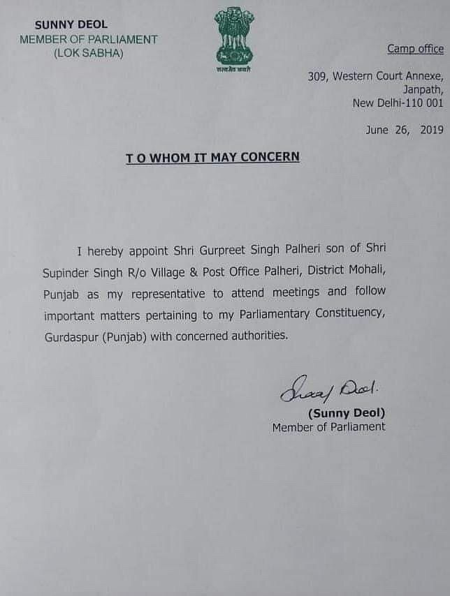 Deol appointed Gurpreet Singh Palheri as his “representative” to “attend meetings and follow important matters”.