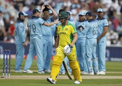 Birmingham: Australian captain Aaron Finch walks back to the pavilion after getting dismissed during the second semi-final match of the 2019 World Cup between Australia and England at the Edgbaston Cricket Stadium in Birmingham, England on July 11, 2019. (Photo: Surjeet Kumar/IANS)