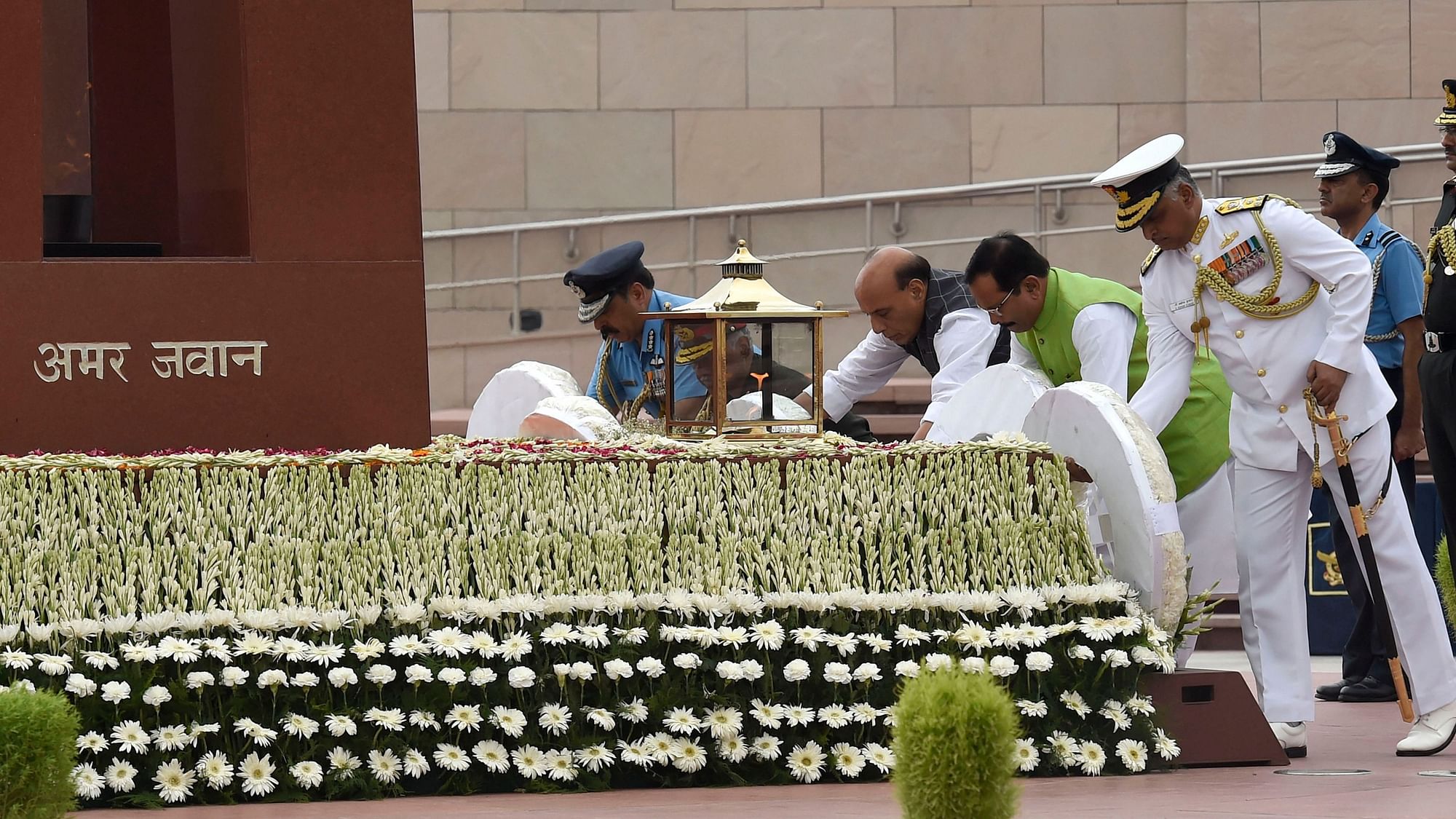  Defence Minister Rajnath Singh lays a wreath at National War Memorial on the occasion of ‘Kargil Diwas’ in New Delhi on Friday, 26 July.