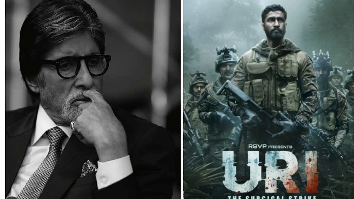 Amitabh Bachchan and poster of <i>Uri.</i>
