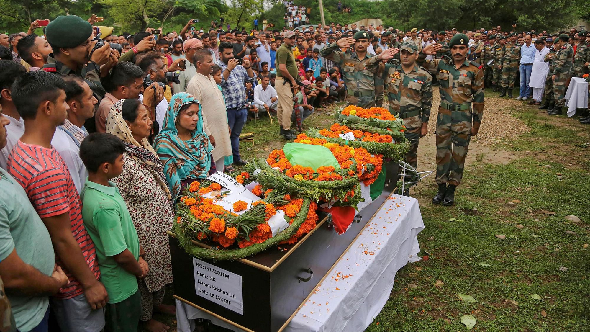 Army personnel pay tribute to Naik Krishan Lal, who was killed along the LoC in shelling from the Pakistani side.