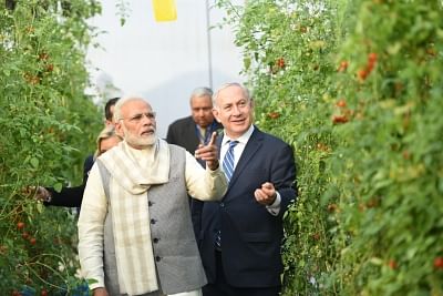 Vadrad: Prime Minister Narendra Modi and Israeli Prime Minister Benjamin Netanyahu during their visit to the Center of Excellence on Vegetables in Vadrad, Gujarat on Jan 17, 2018. (Photo: IANS/PIB)