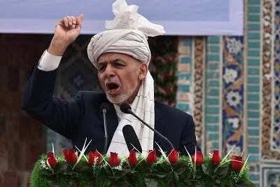 BALKH, March 21, 2019 (Xinhua) -- Afghan President Mohammad Ashraf Ghani speaks during the celebration of annual Nawroz festival at Hazrat-e-Ali Shrine, or the Blue Mosque, in Balkh Province, northern Afghanistan, on March 21, 2019. (Xinhua/Kawa Basharat/IANS)