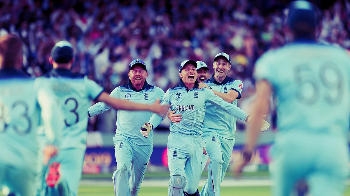 An ecstatic Jos Buttler after he ran out Martin Guptill in the Super Over to help England win the World Cup final.