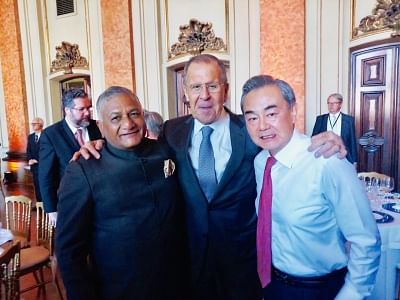 Minister of State Gen V.K. Singh with Russian Foreign Minister Sergei Lavrov and Chinese State Councilor and Foreign Minster Wang Yi at BRICS foreign ministers meet in Brazil.