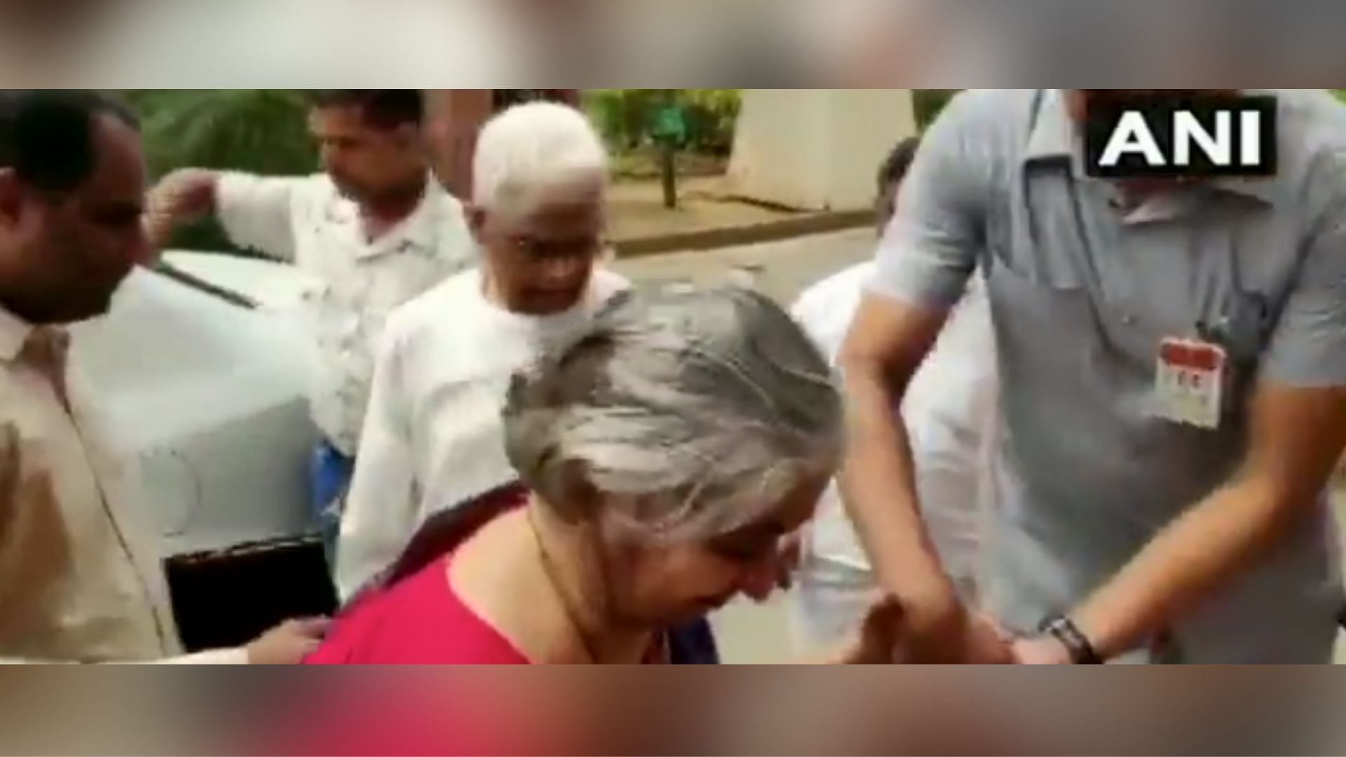 Finance Minister Nirmala Sitharaman’s parents arrive at the Parliament.