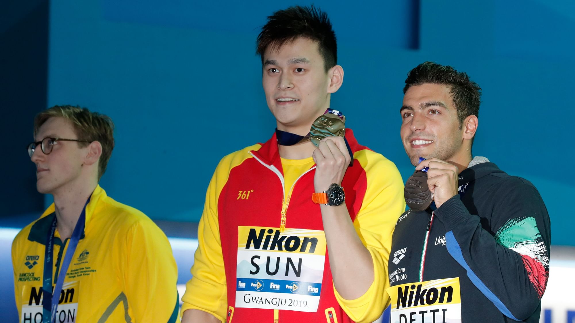 During the medal ceremony, Mack Horton (left) refused to share the podium with Sun Yang.