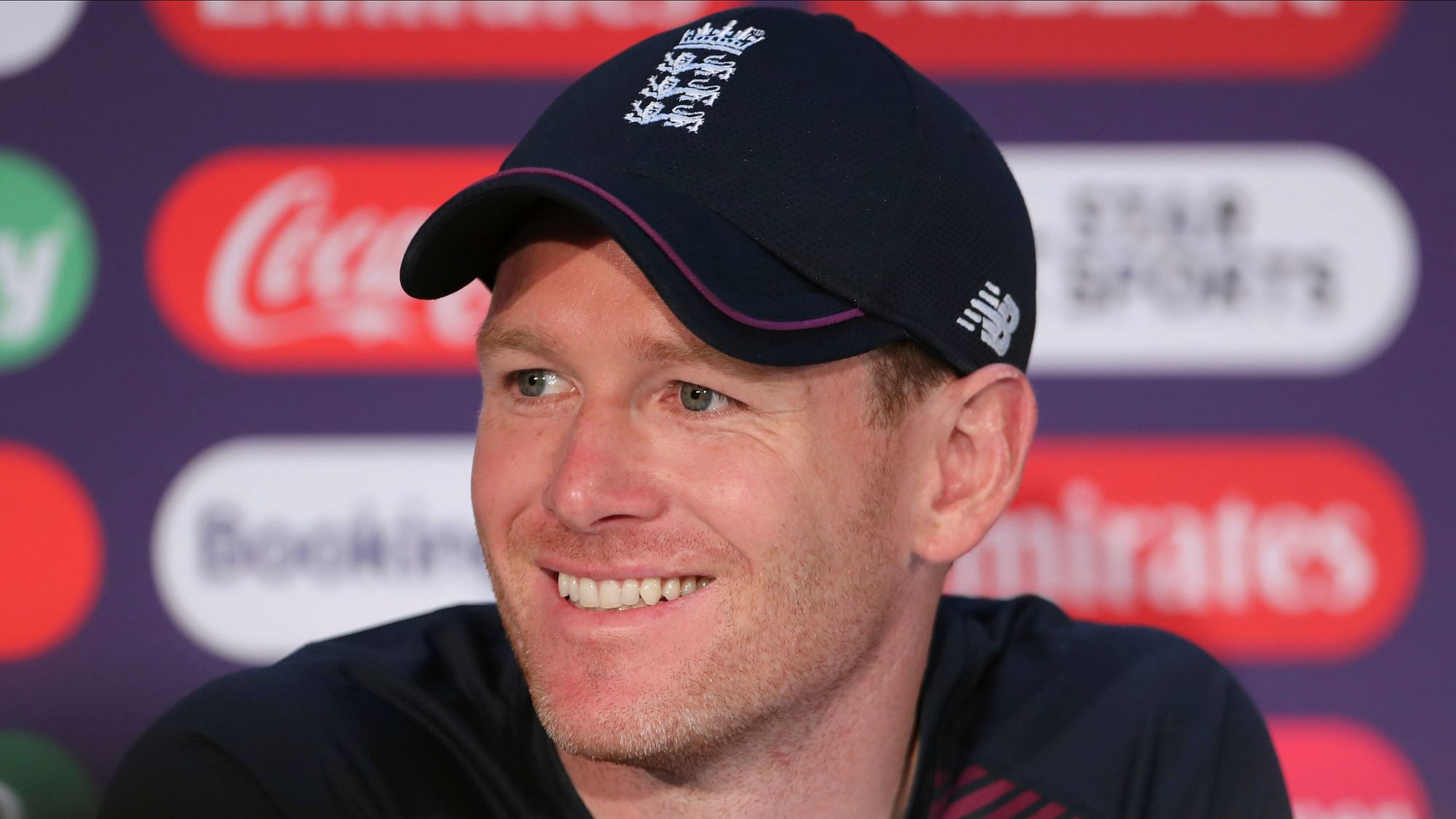 England captain Eoin Morgan speaks during a press conference after attending a training session ahead of the Cricket World Cup final match.